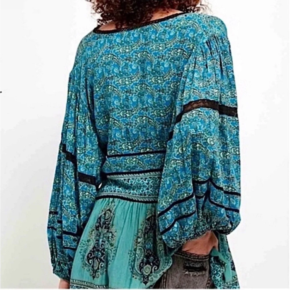 Free People Luna Scarf Print Tunic Ocean Blue Green